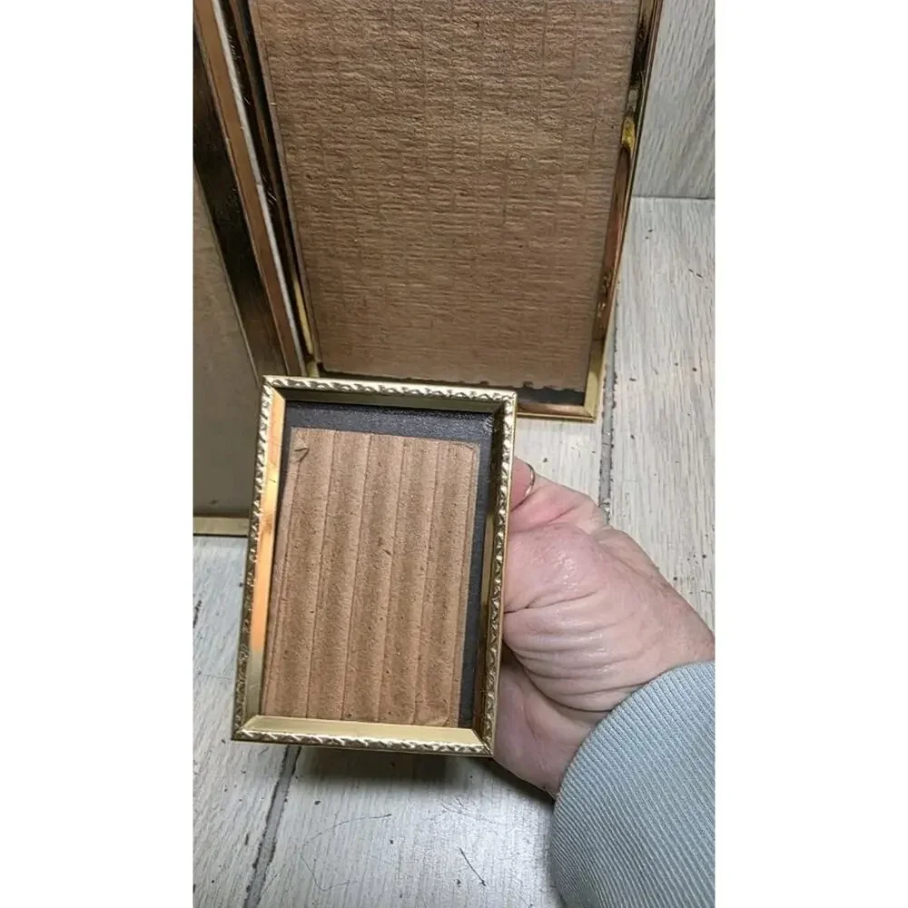 Vintage MCM Metal Brass Picture Frames Freestanding Wall Hanging Gold Set Of 3